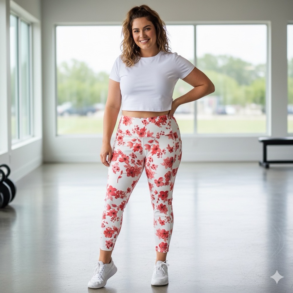 LINC Active Red and White Floral Print Women's Crop Leggings NWT